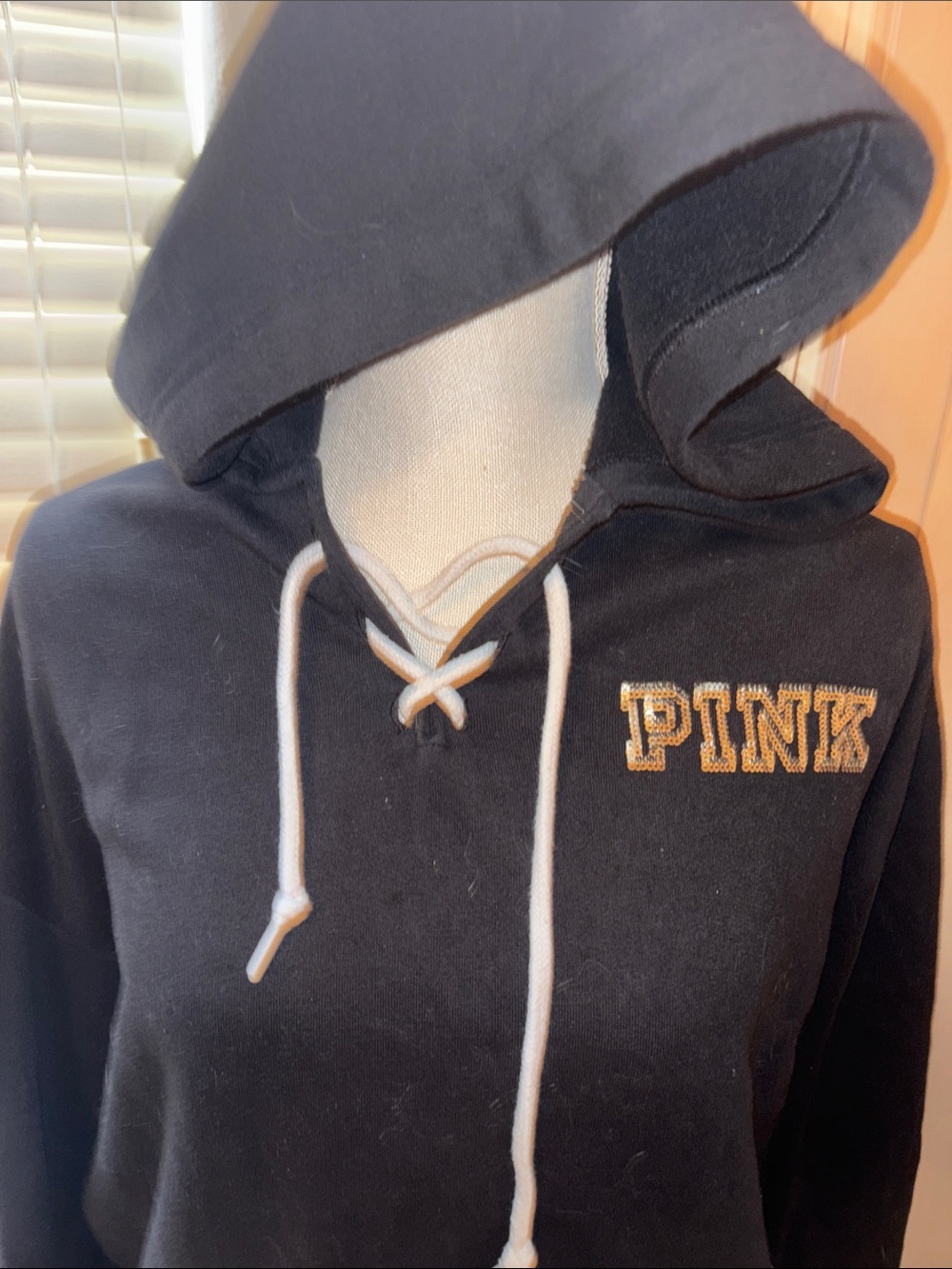 PINK Victoria's Secret Black Lace-Up Hooded Sweatshirt with Gold Logo